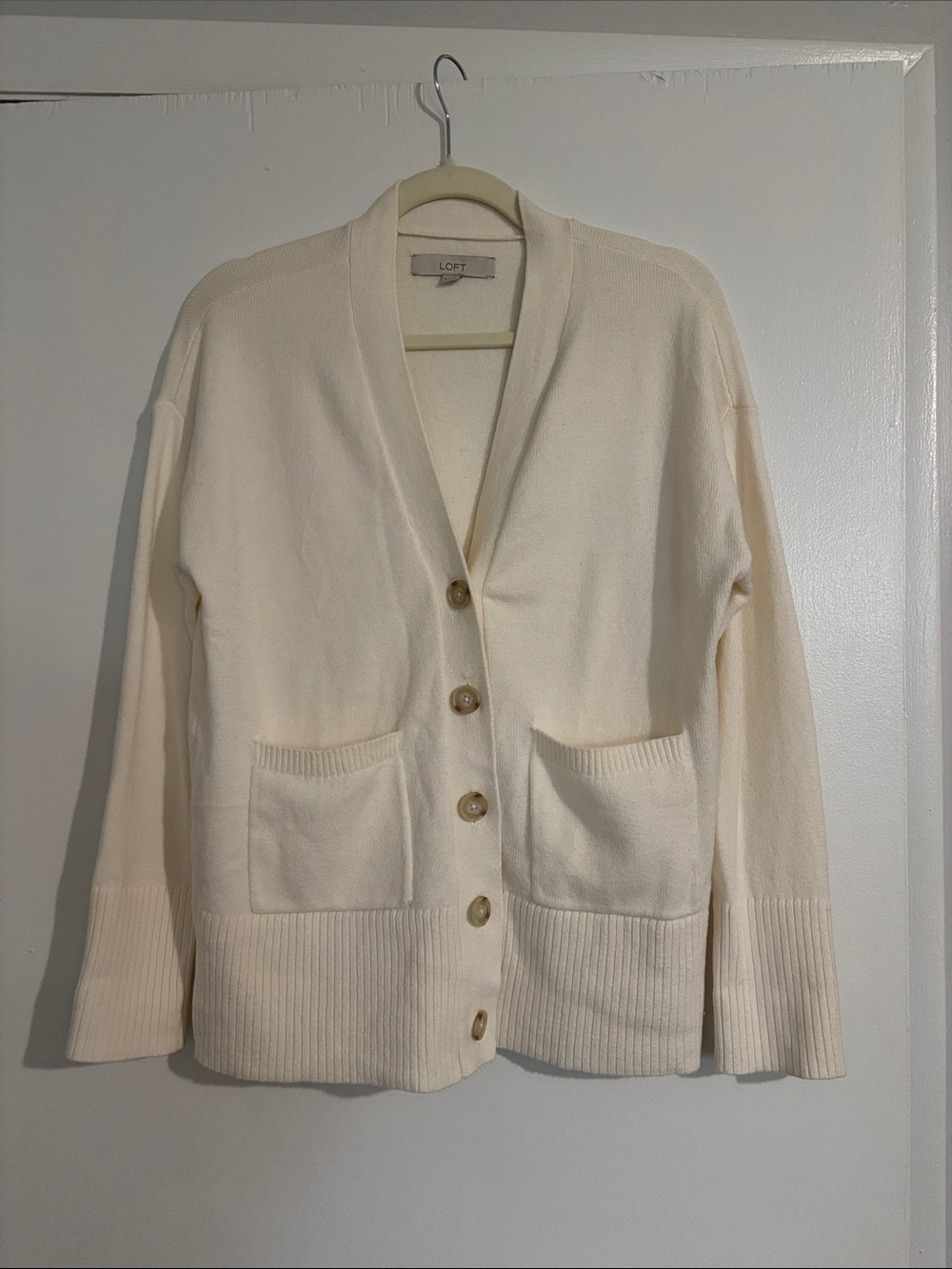 LOFT Cream Button-Front Rib Hem Cardigan